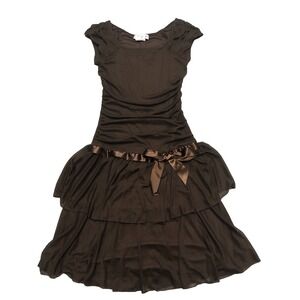 Jody California Dress S 11/12 Brown Fairycore Cap Sleeve Ruched Satin Ribbon Vtg